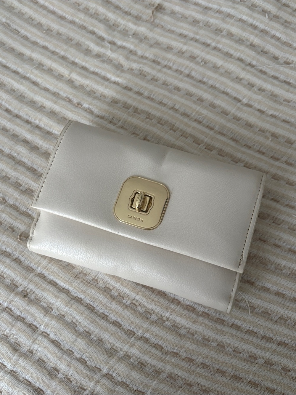 Cream Leather Fold-Over Wallet with Gold Hardware